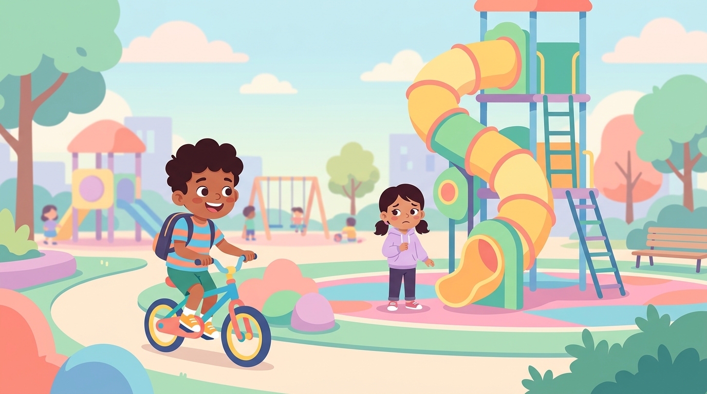 Karim sur un vélo souriant, Yara qui recule devant un toboggan